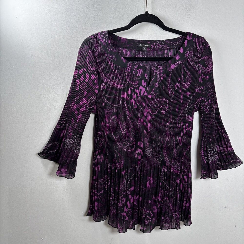 GEORGE Purple Magenta Pleated Sheer Top Y2K Retro Boho Grunge 1X 16W
